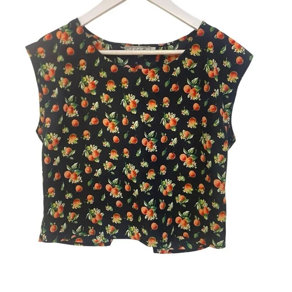 Chloe K short sleeve floral open back size small black orange novelty print peac